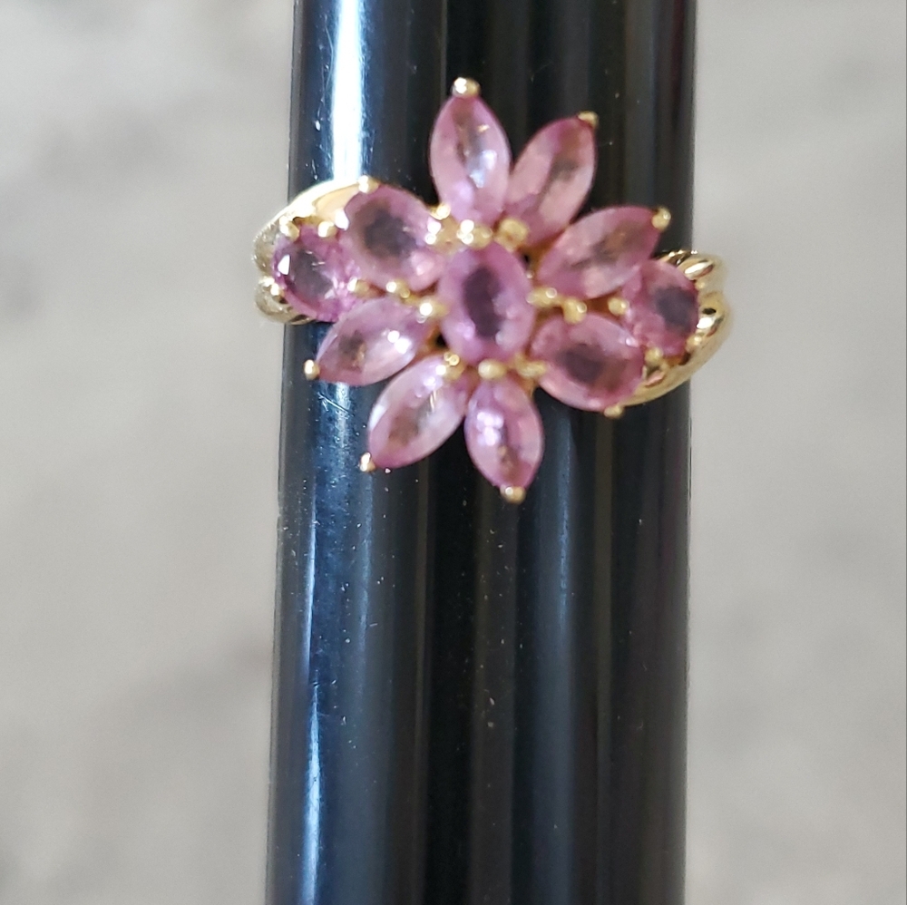 14k  Yellow Gold Pink Sapphire Marquis Cut Cluster Ring Size 6 - Picture 13 of 14